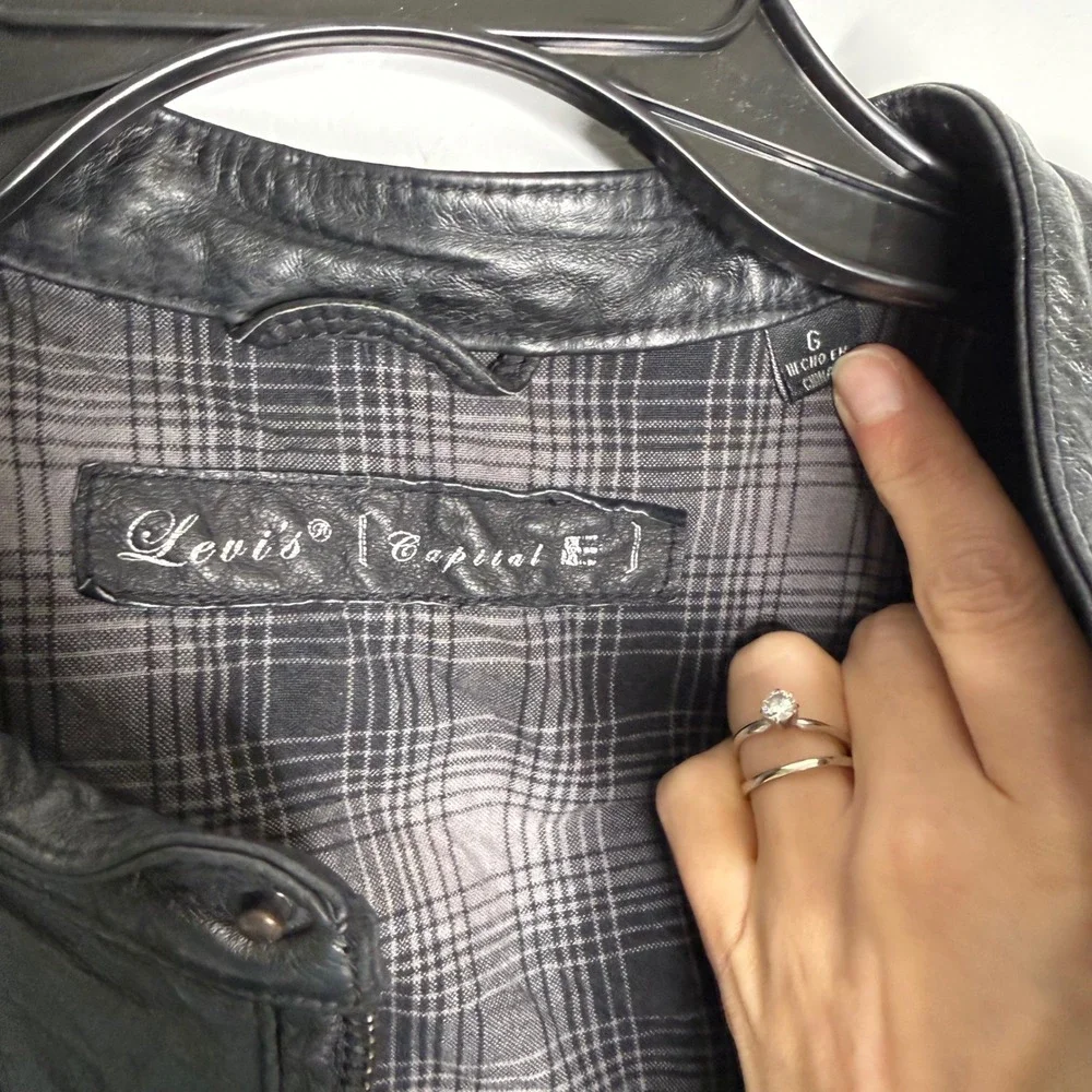 BB Levi's Capital E 2000's Cafe‎ Motorcycle Flannel Plaid Lined Leather Jacket L